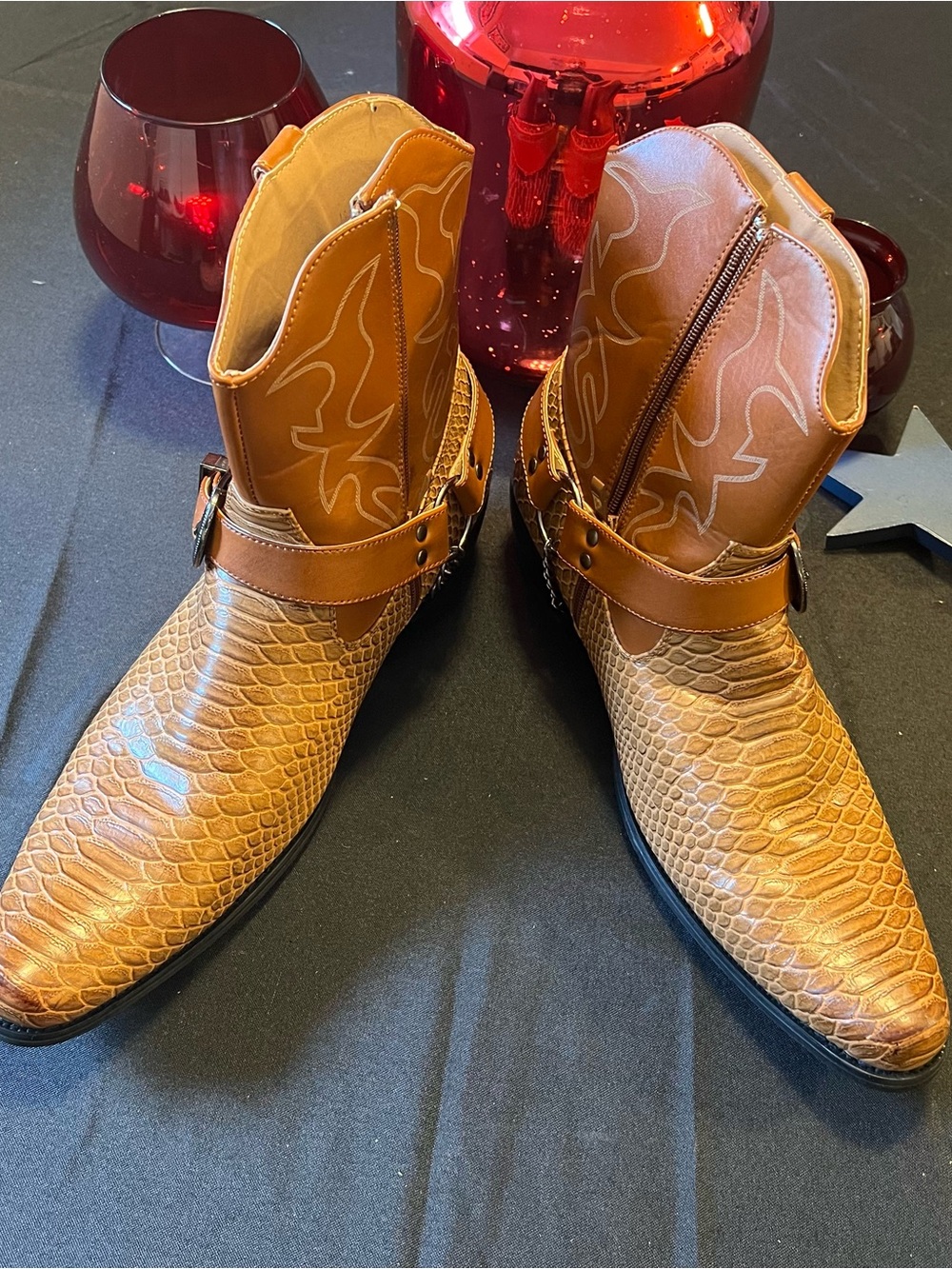 Men's Brown Western Harness Boots with Textured Scaled Toe